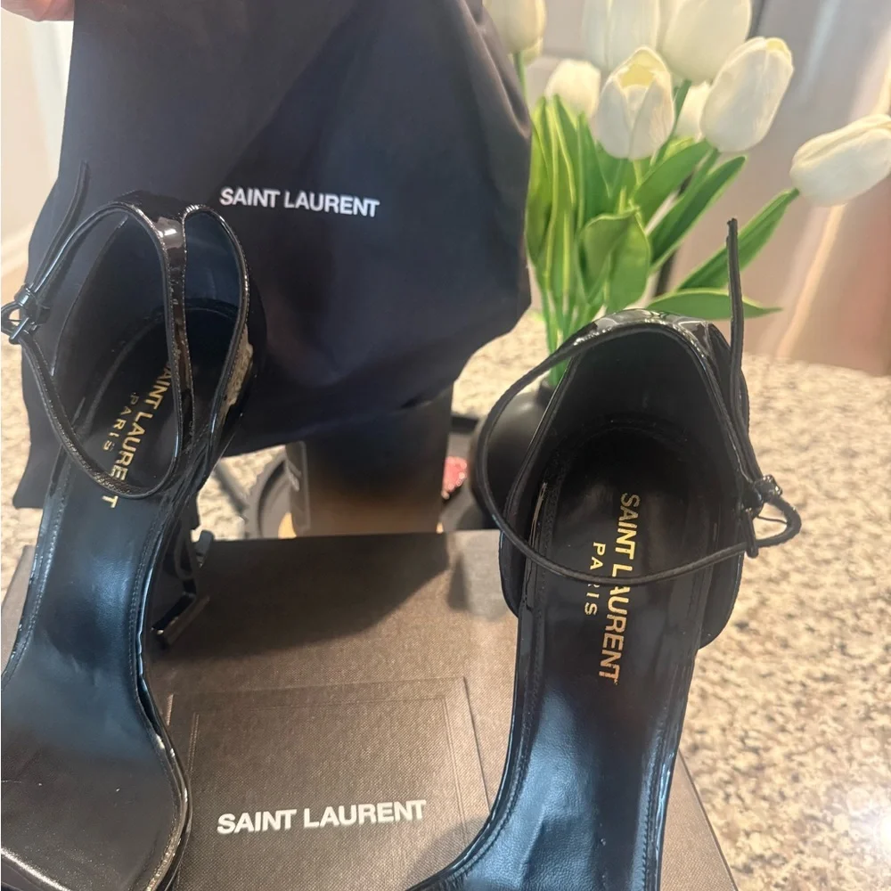 Saint Laurent Black Patent Opyum Logo Heel Sandals - Picture 8 of 8